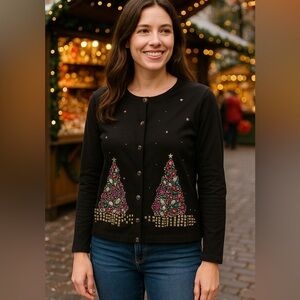 Christmas Rhinestone Tree  Black Cardigan Colorful Design XL snap front Holidays